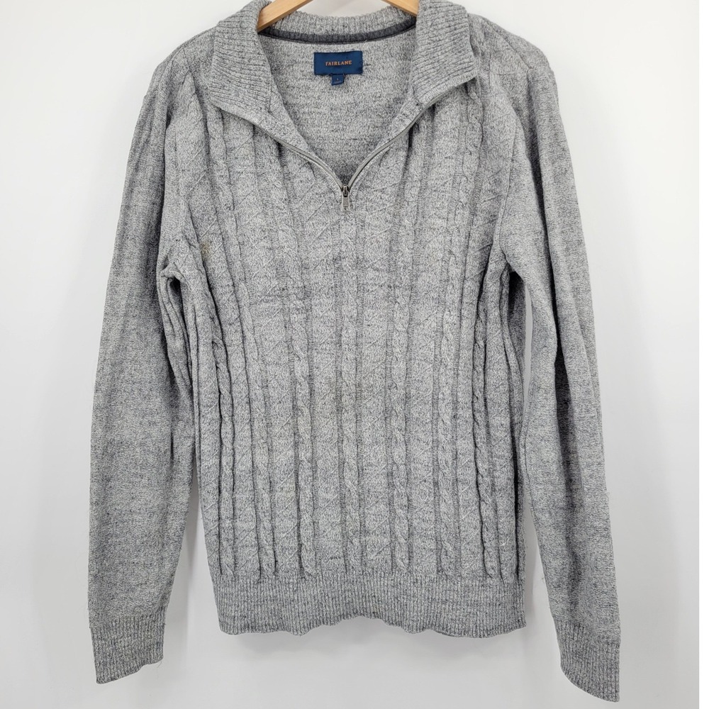 Fairlane Quarter Zip Sweater Mens Large Gray Cable Knit Pullover Preppy Academia